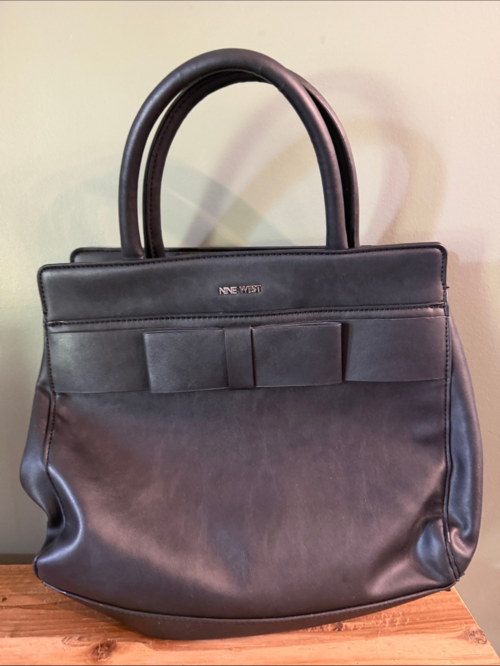 Nine West Black Leather Satchel with Bow Accent